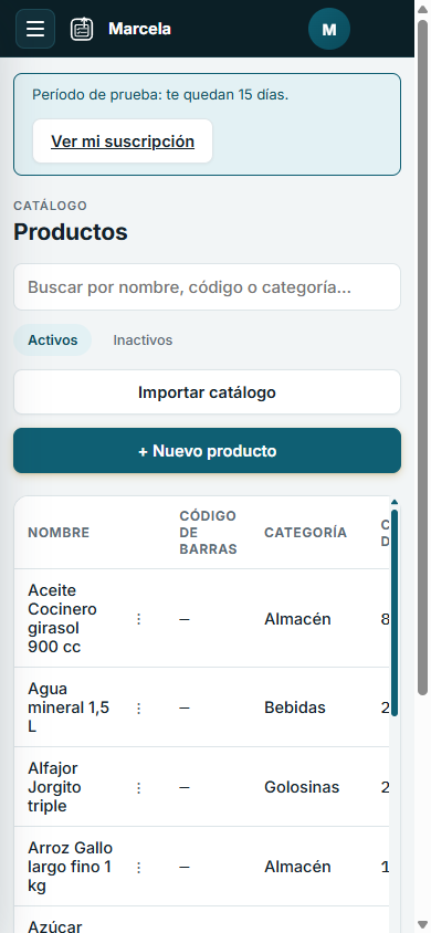 Pantalla de productos en un celular