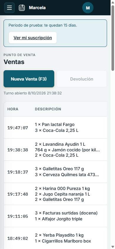 Pantalla de ventas en un celular